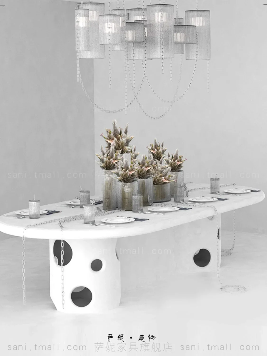 Light luxury simple long table cylindrical base hollow design company lobby end view table personality creative white