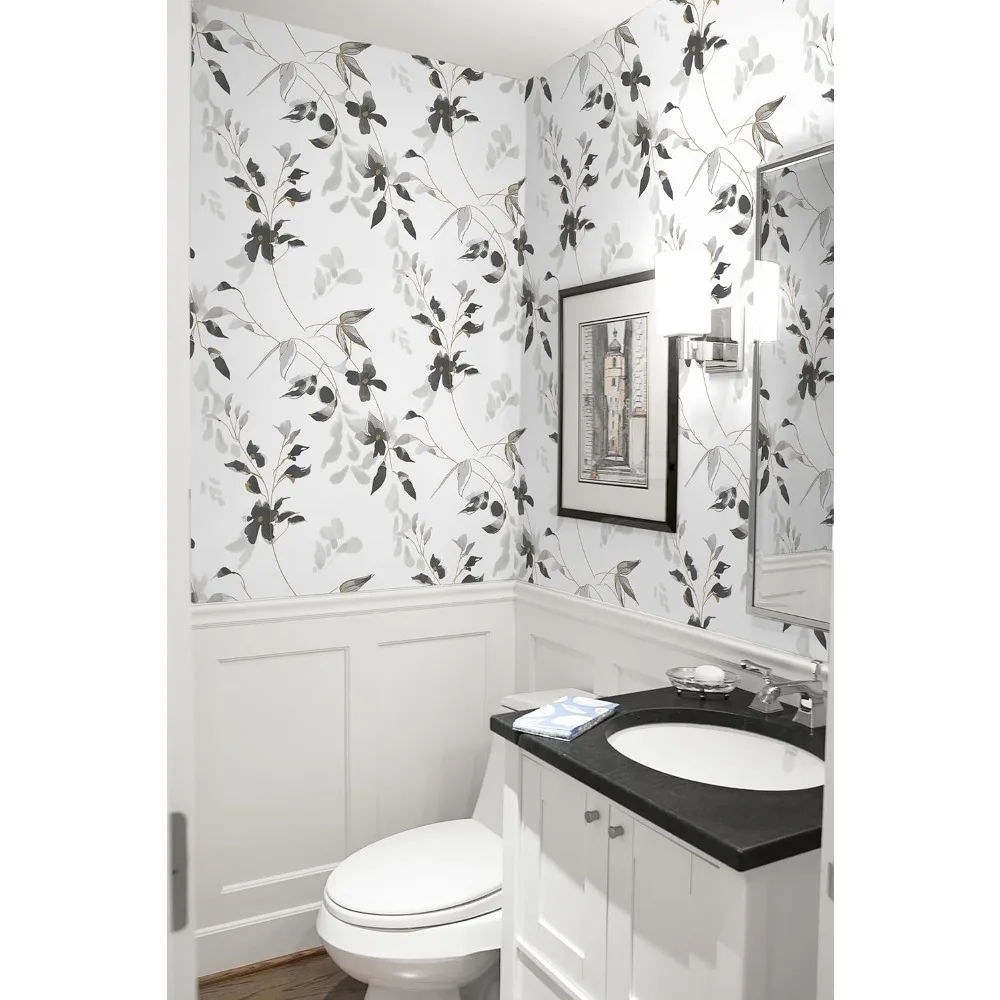 ورق جدران عصا تقشير باللونين الأبيض والأسود على شكل زهور حديثة - ورق جدران مقاوم للماء ذاتي اللصق على طراز بوهو قابل للإزالة للجدران