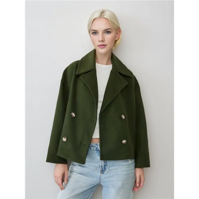 AEA7-Women's Fashionable Commuting Collar Double Row Buckle Short Woolen Loose Coat