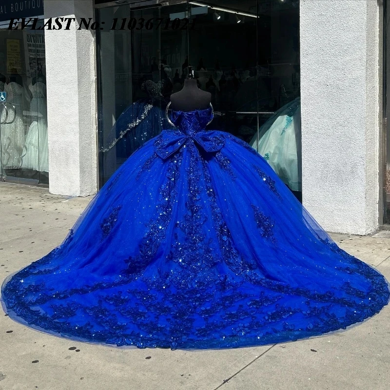 Evlast-cristal frisado Tassel vestido de baile, vestido Quinceanera, lantejoulas Applique, Sweet 16, Azul Royal, SQ724, 16