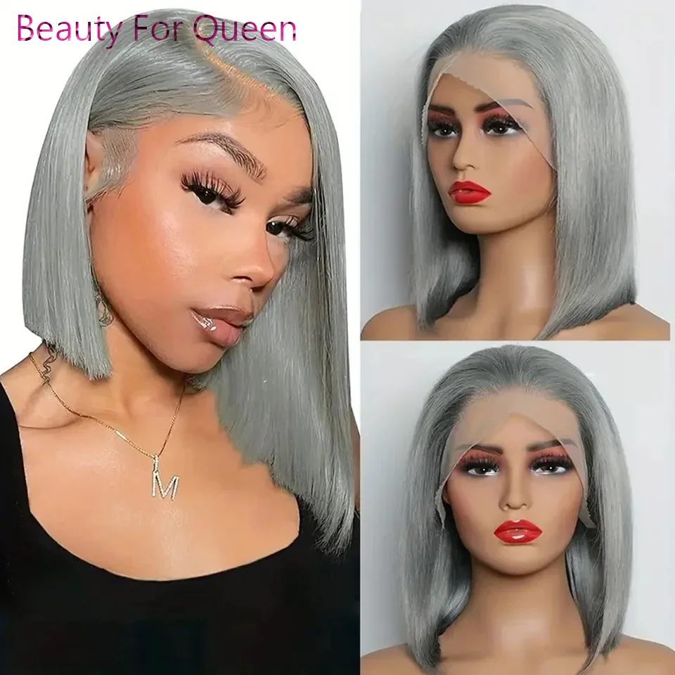 Grey Color Short Straight Bob Wig 180% Density 13×4 Lace Front Human Hair Wigs HD Transparent Brazilian Remy Glueless Bob Wig