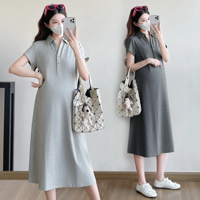 Korean Style Pregnant Woman Knitted Dress for Summer Short Sleeve Turn-down Collar Maternity Casual Dress