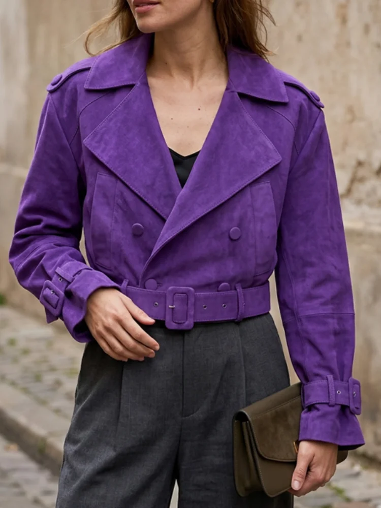 Women's Purple Suede Cropped Trench Jackets Long Sleeve Double Breasted With Belt Lapel Coat Vintage French Streetwear Outfit