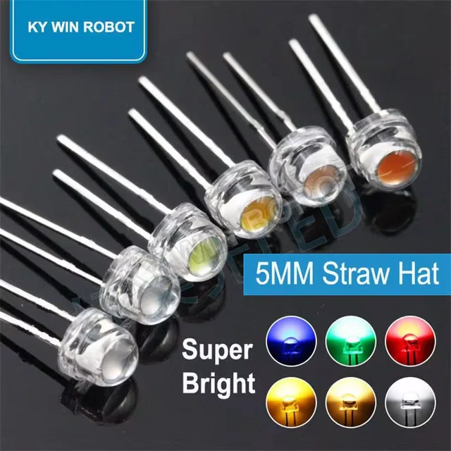 50 SZT. F5 5mm Dioda LED typu Straw Hat 0.3W 0.5W 0.75W Biała Ciepła Biała Czerwona Żółta Zielona Niebieska Super Jasne Komponenty Elektroniczne