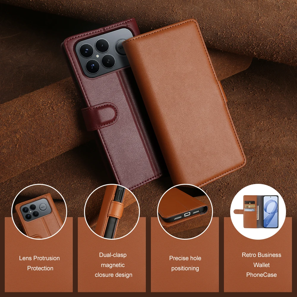 Genuine Leather Flip Case For Xiaomi Redmi K90 Pro Max 15 A3 A3x Redmi Note 12 13 Pro Plus 12S Phone Cases Cover Wallet Coque