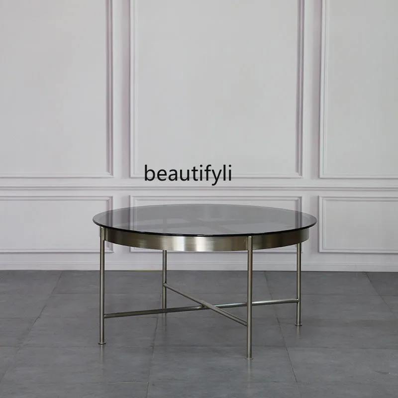 4yj15노르딕 라이트 럭셔리 원형 심플 모던 스테인리스 강화유리 커피 테이블 거실 가구 세트
