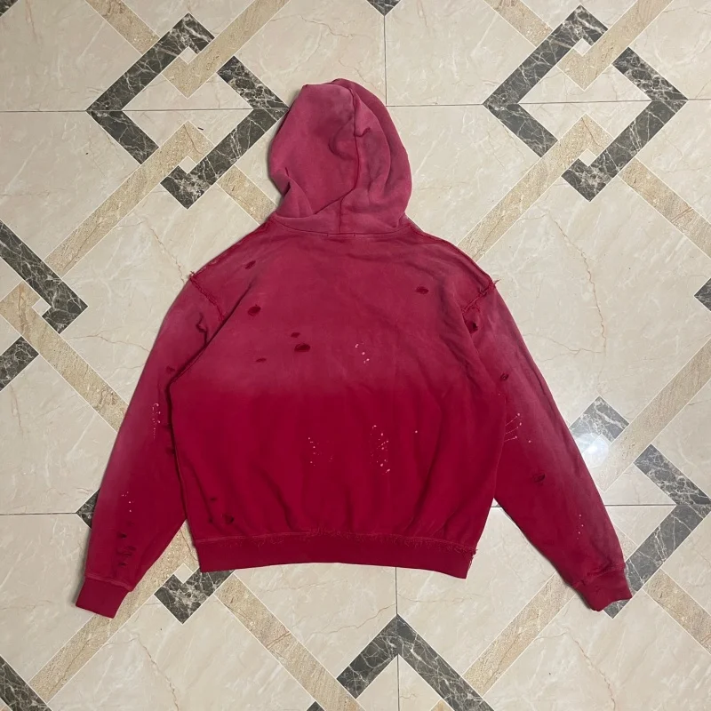 Men Satoshi Nakamoto Zip Up Hoodie Red Gradient Washed Destroyed Holes