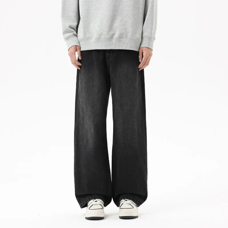 

Винтажные мужские повседневные джинсы однотонные с эффектом потертости, полуэластичный пояс, простой дизайн, широкие штанины, мужские джинсовые брюки