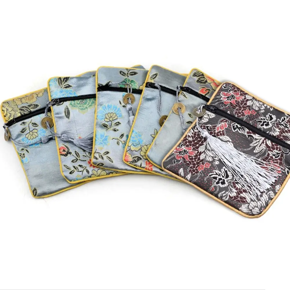 Tassel Mini Embroidery Canvas Coin Purse Dragon Copper Cash Pendant Flower Jewelry Packing Bag Card Holder Square