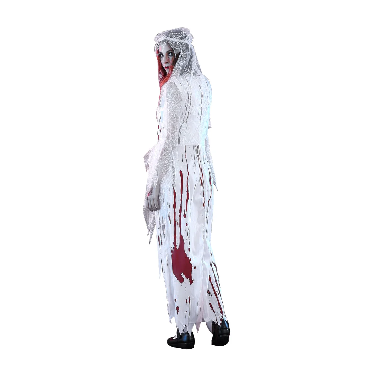 

Adult Women's Irregular Blood Corpse Bride Halloween Long Dress Party Cosplay Costume with Veil - Size (White)