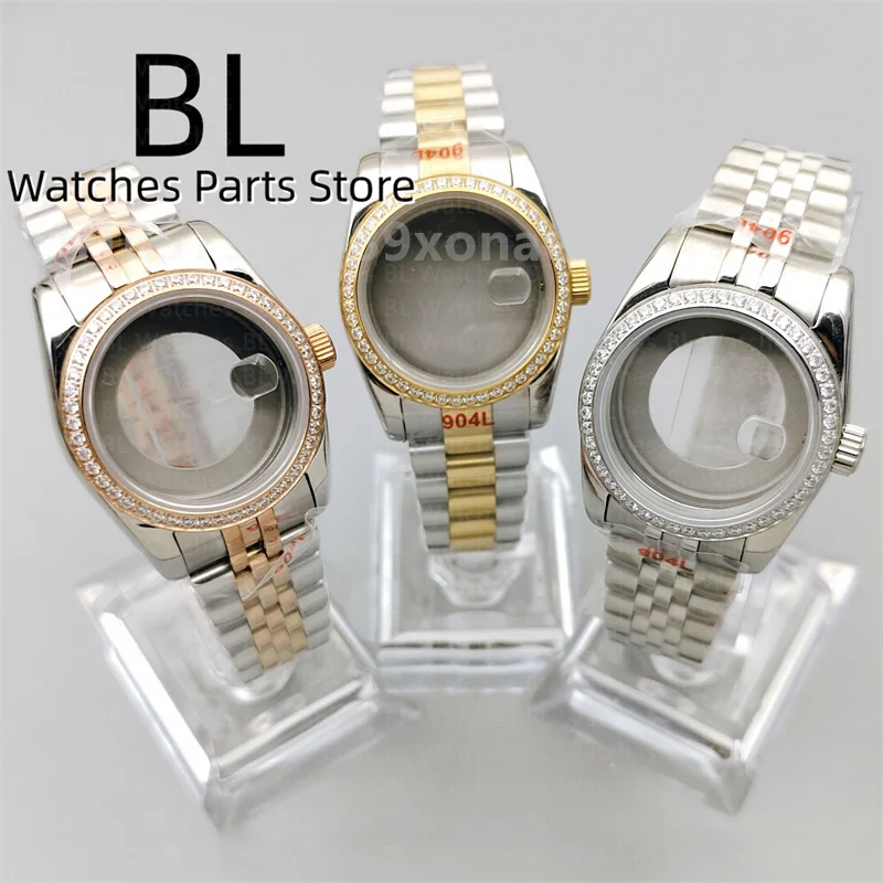 31mm Sapphire Glass Decorated Diamond Women Watch Case Two Tone Gold Rose Gold Steel Strap With Dial Hand Set Fit NH05 Movement