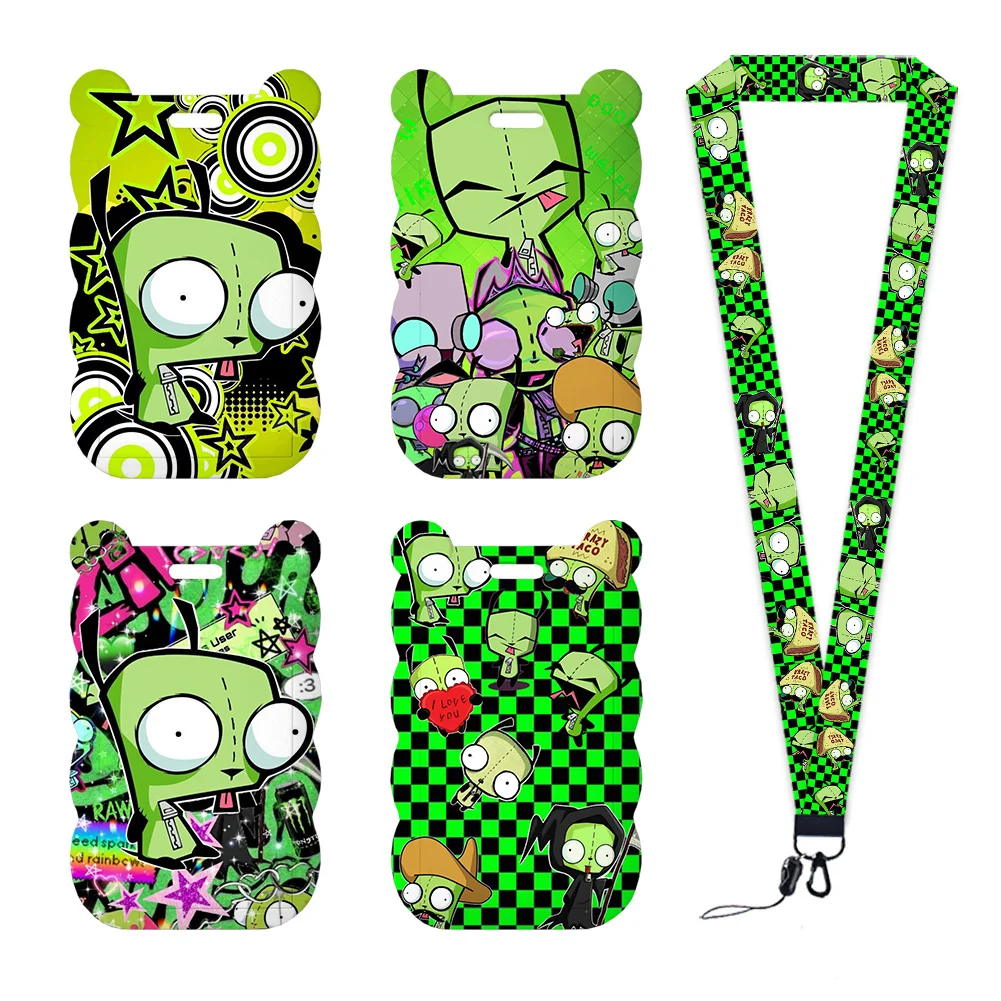 Cute Zombie Cartoon Card Holder with Lanyard Bear Ear Wavy Edge ID Badge Holder Kawaii Green Skull Gingham Print Card Case Gifts