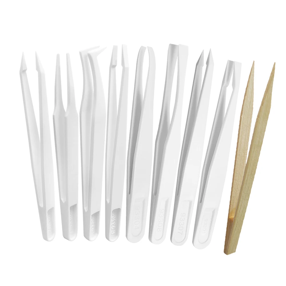 YARUN 9Pcs White Glass‑Filled PC Tweezers Kit Include 1 Bamboo Tweezer, Industrial Hand Tools for Electronics Repair