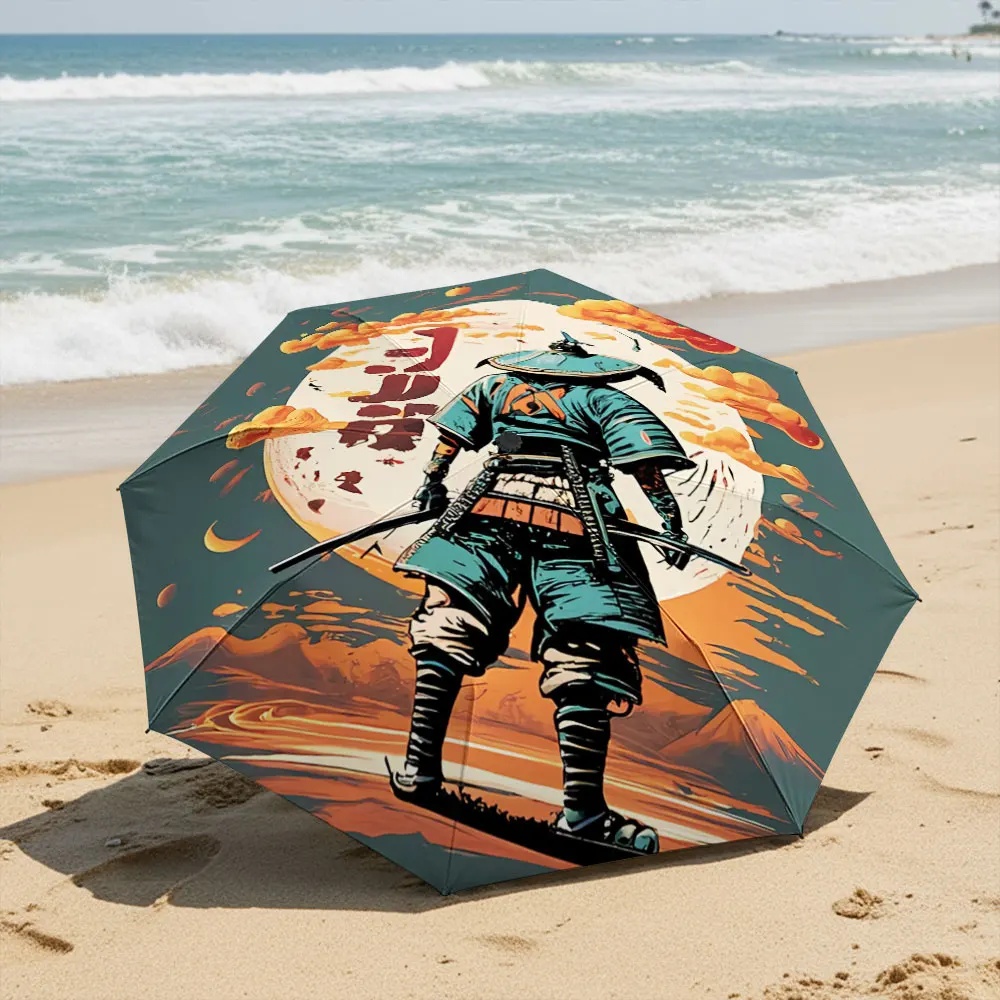 Samurai Warrior Art on Umbrella with Sunset Background Compact Fashion Folding Umbrella for Daily Use, Christmas Gift