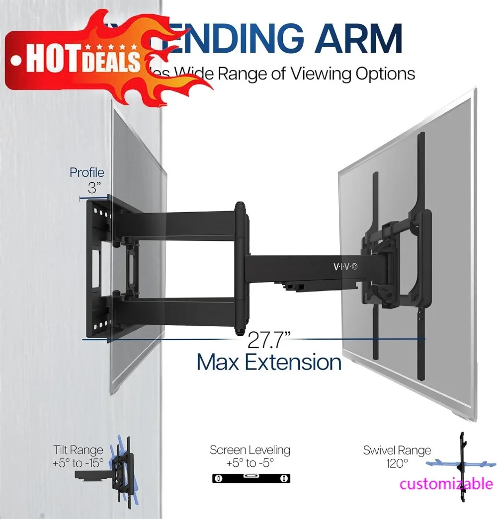 

Бестселлер Сверхмощное настенное крепление для телевизора для экранов 60–120 дюймов, шарнирный поворот, макс. VESA 900x600 мм, черный