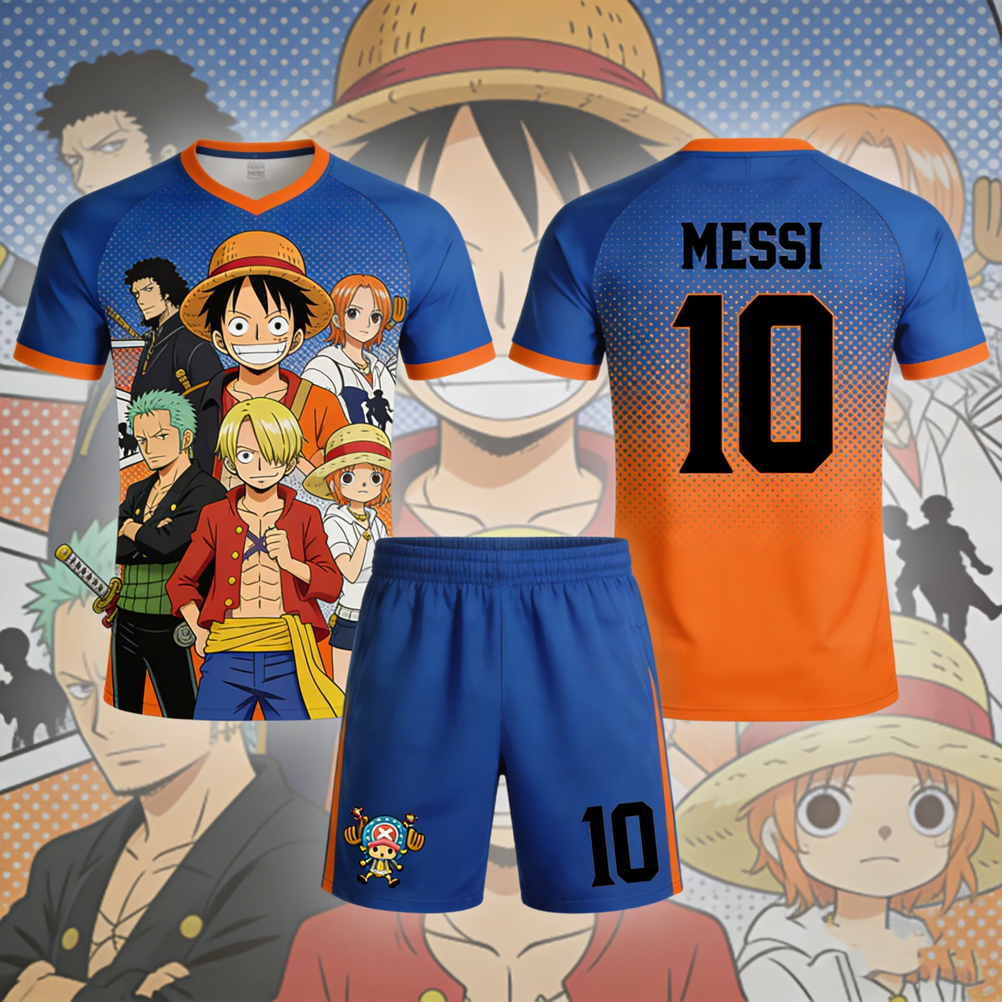 

Messi Collaboration One Piece Anime Sweatshirt, Outdoor Football Sweatshirt, Quick-drying Men's T-shirt + Shorts, Children's Set