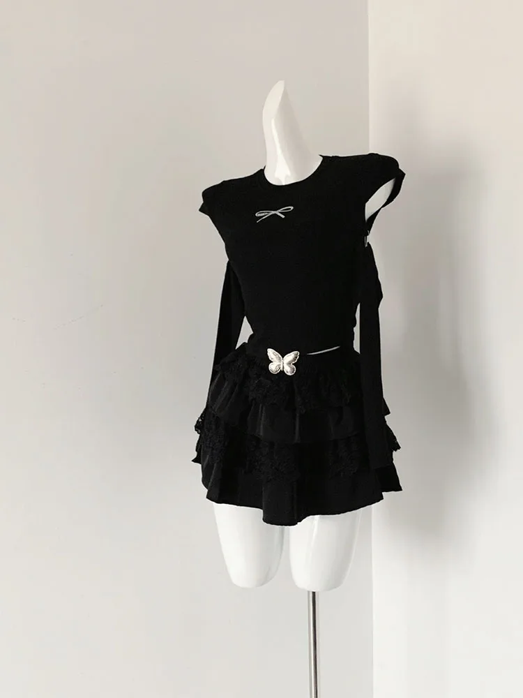 American Style Vintage Preppy Style Outfits 2 Piece Skirts Set Black O-Neck Slim Pullover Tees + Women Cute Bow A-Line Ball Gown