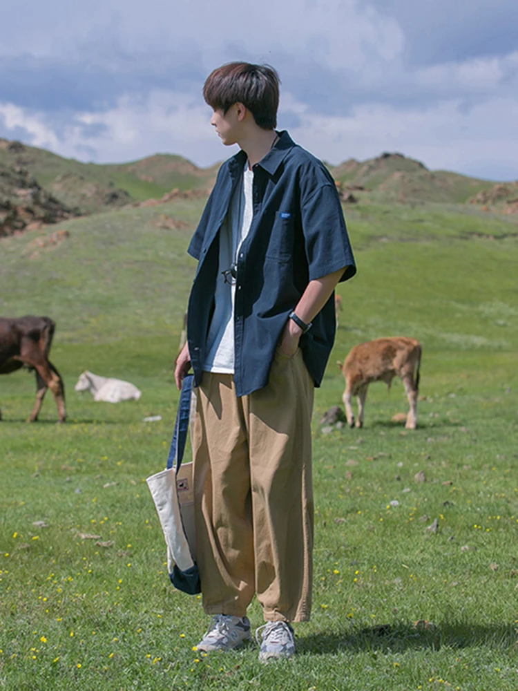 

y Vintage ort Sve irt Men's Summer Workwear Jaet Youthful Sle Loose Fit Breathable Casual irt Blue