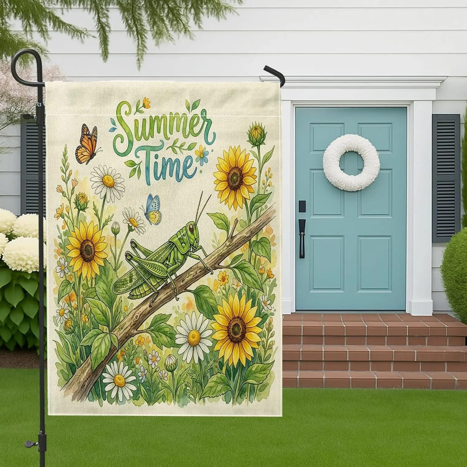 Grasshoppers Garden Flags 12x18 Inch Double Sided for Outside, Daisy Sunflowers Floral Leaf Front Yard Small Canvas House Fl PPZ