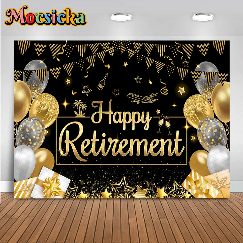 Mocsicka Black Gold Happy Retirement Photography Backdrop Party Decor Banner Balloon Champagne Star Adult Photo Booth Background
