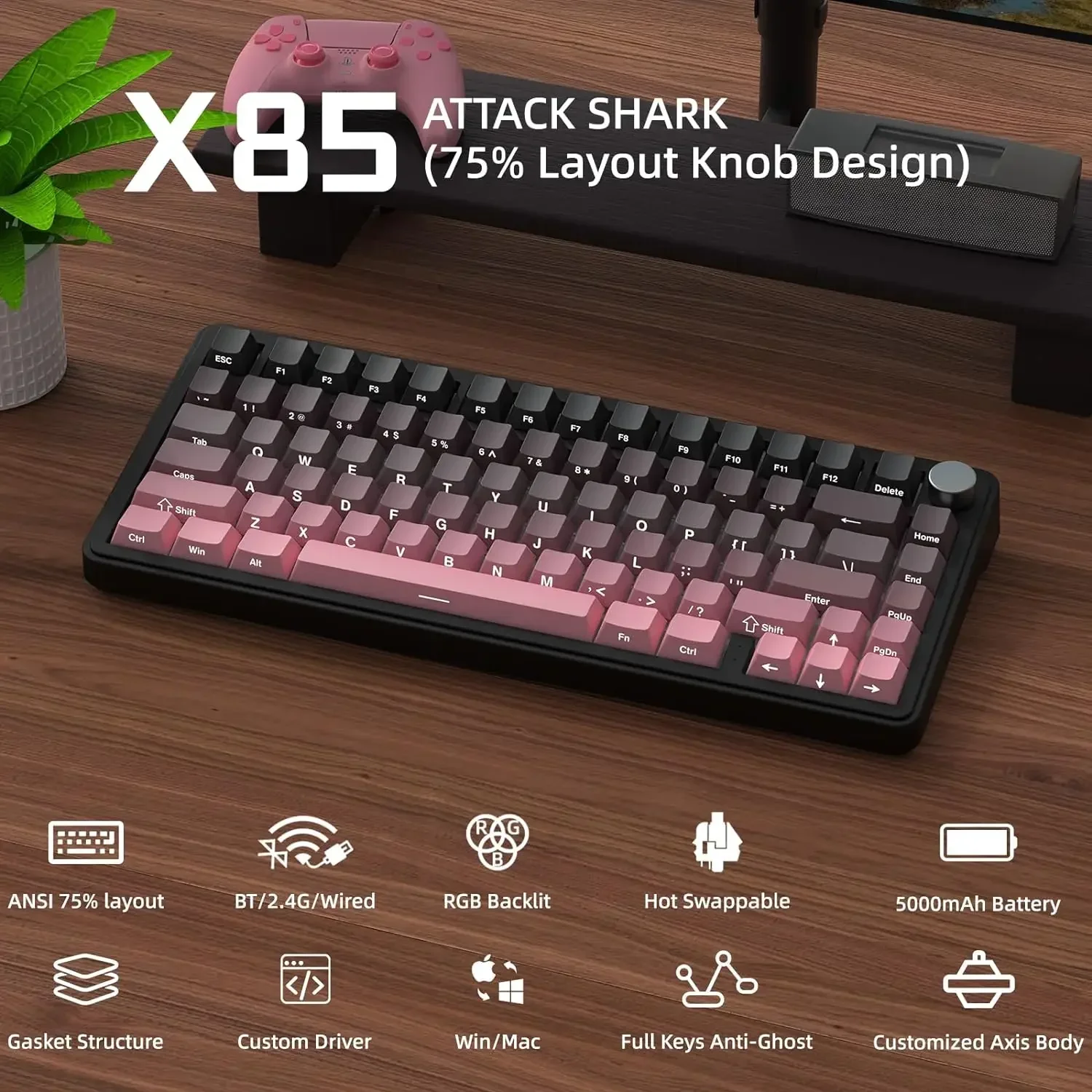 MAMBASNAKE x ATTACK SHARK X85 Gasket Mechanical Keyboard with Knob,75% Tri-Mode(BT5.0/2.4G) Wireless Gaming Keyboard