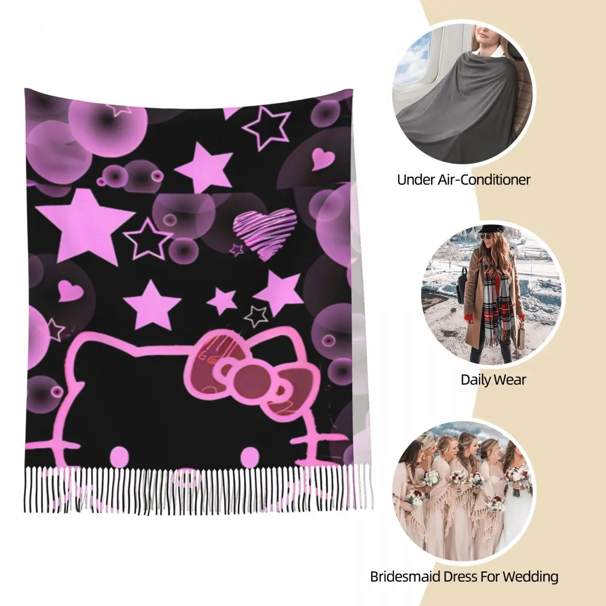 وشاح هالو كيتي الأسود Y2k للنساء لخريف وشتاء شال كشمير يلتف أوشحة كبيرة طويلة مع شرابة للارتداء اليومي