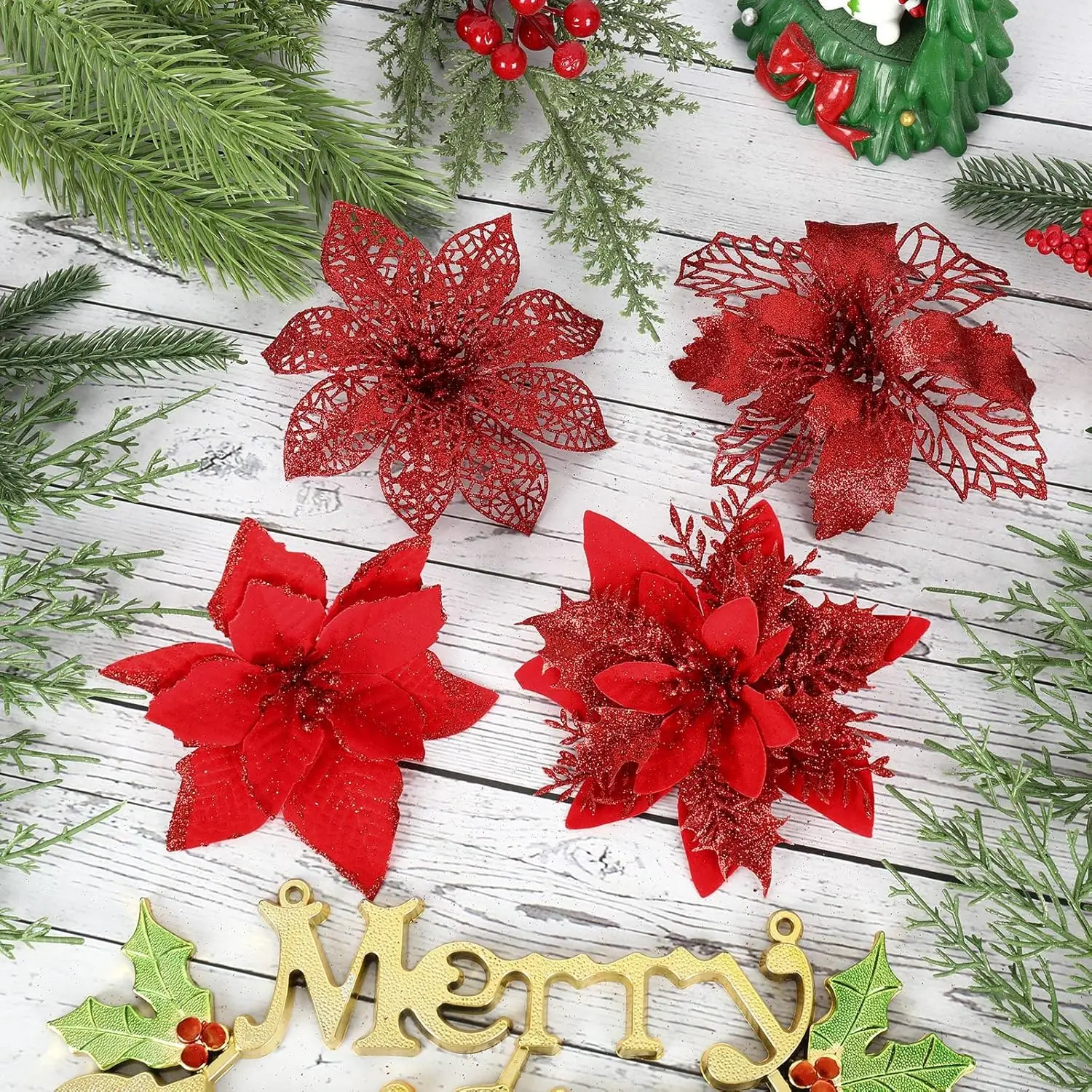 24 قطعة البونسيتة عيد الميلاد عيد الميلاد الأحمر بريق الزهور الاصطناعية مع 24 قطعة مقاطع لإكليل شجرة عيد الميلاد زخرفة ديكور الحفلات #5