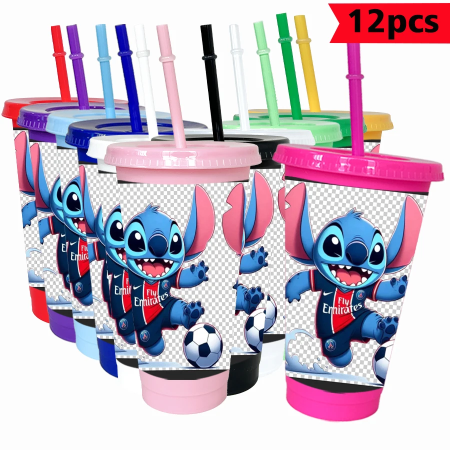 

12 шт./упак., Disney Stitch Football Print, 26 унций, красочный пластиковый стакан, посуда для напитков на день рождения, чашка для сока, кофе