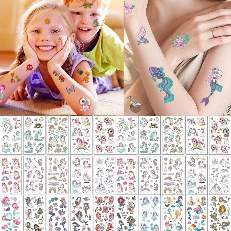 10 Vellen/Veel Kinderen Schattige Cartoon Eenhoorn Tijdelijke Tattoo Stickers Baby Shower Zeemeermin Partij Kids Lichaam Make-Up Sticker Tatoeages