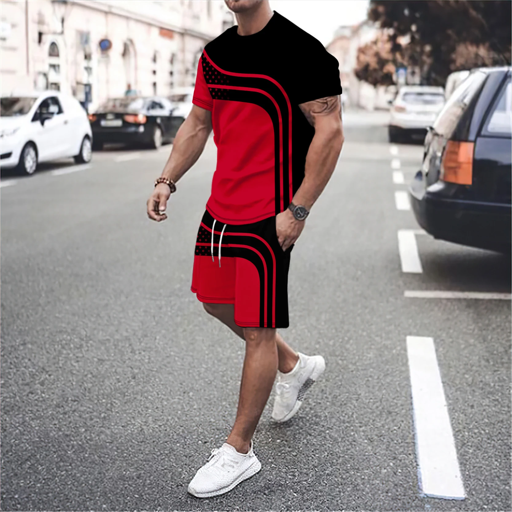 Men Luxury T Shirt Tracksuit 2 Piece Sets 3D Print Sports Short Sleeve Round Neck Casual Style All-Match Clothing Summer