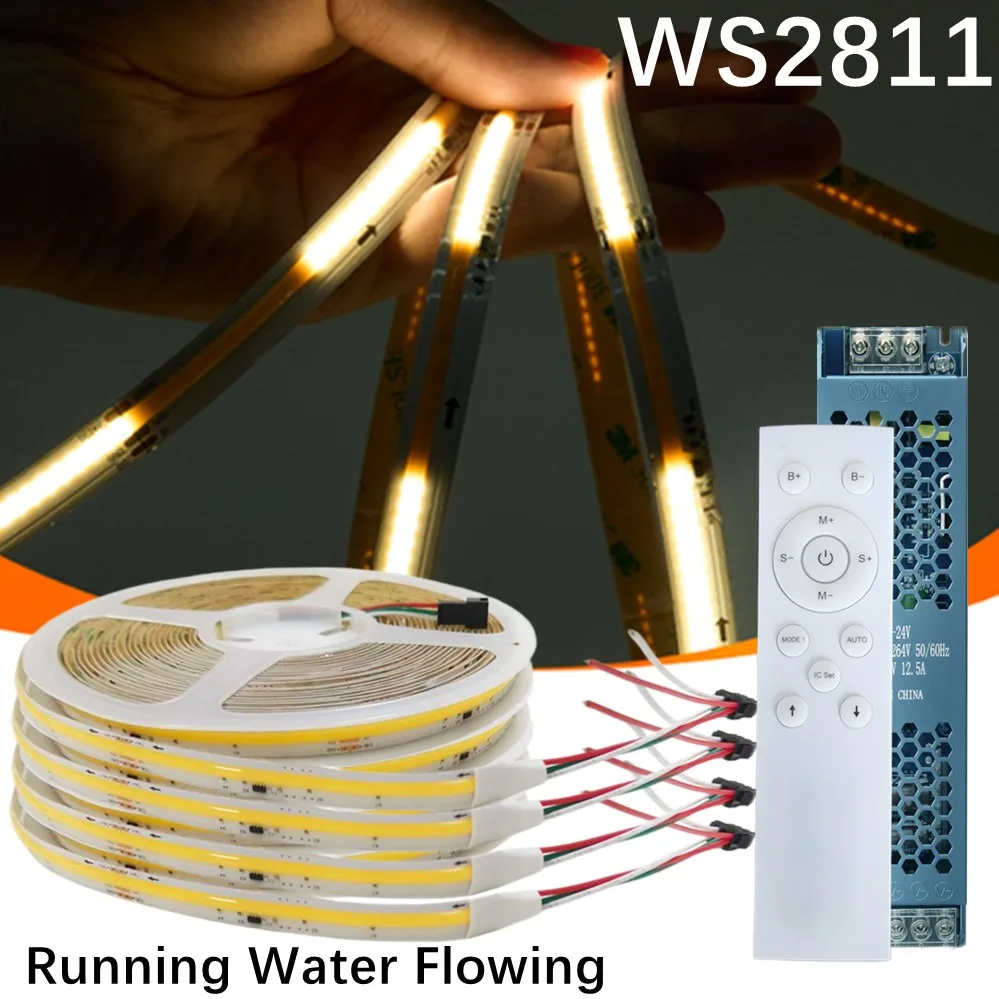 40m to 5m flowing water light strip DC24V WS2811 COB LED strip 360 LED beads/m water flow effect 12-key RF remote power kit