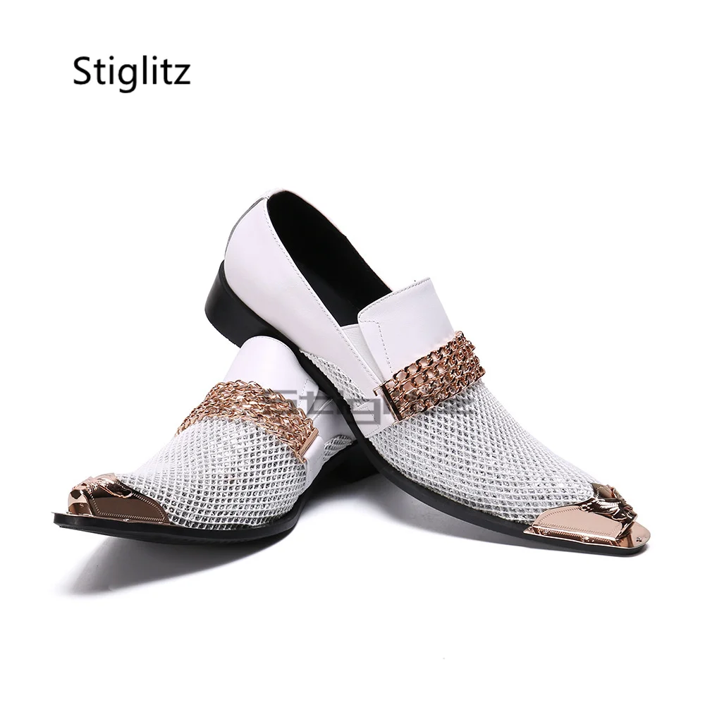 Men's Breatable White Mesh Slip On Loafers Gold Chain Decor Metal Pointed Toe Low Heel Formal Dress Wedding Shoes Big Size 37-48