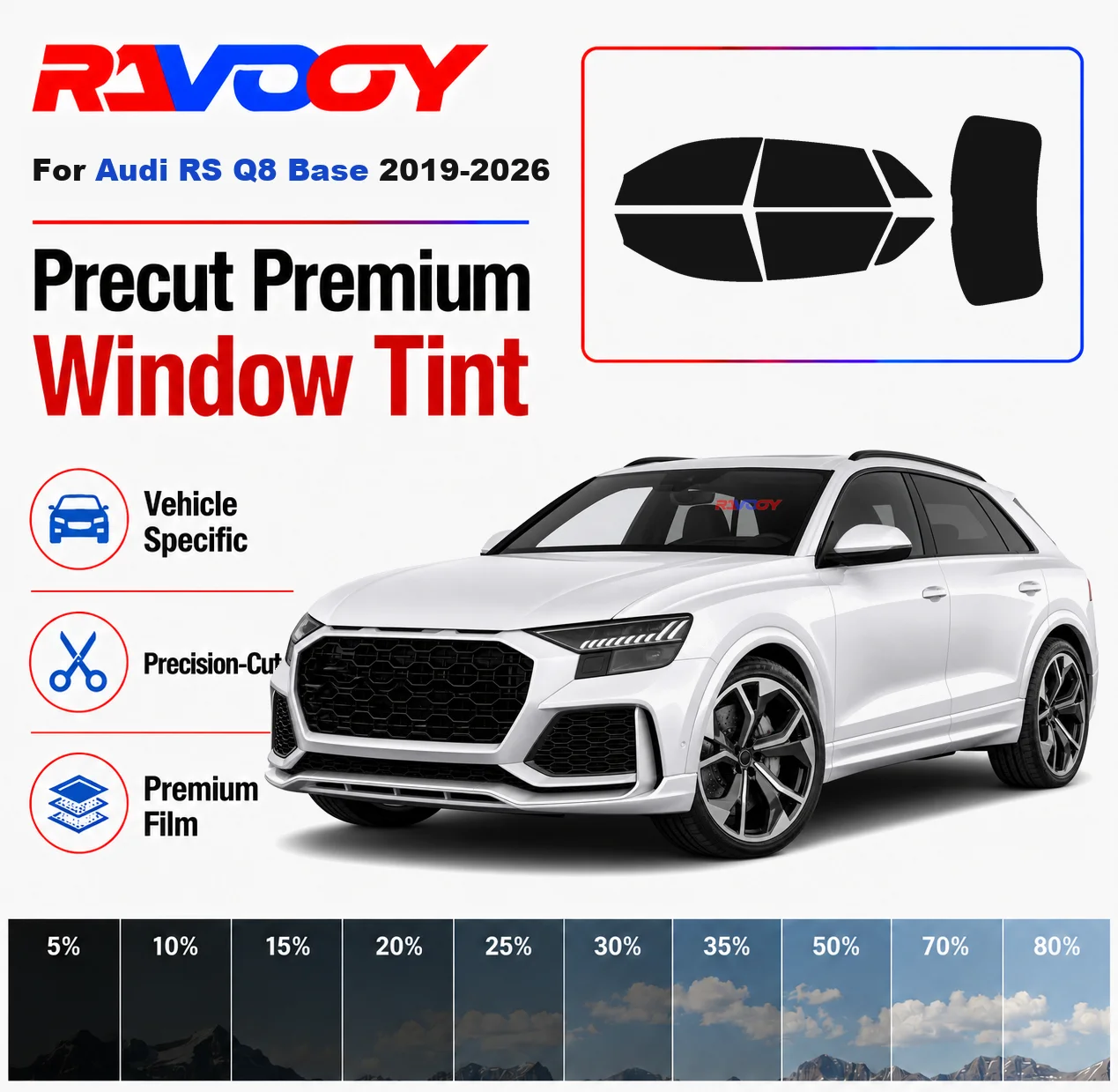 

Premium Precut Window Tint Kit Front Rear Windows Rear Windshield For Audi RS Q8 Base 2019-2026 Complete Set Nano Ceramic Film