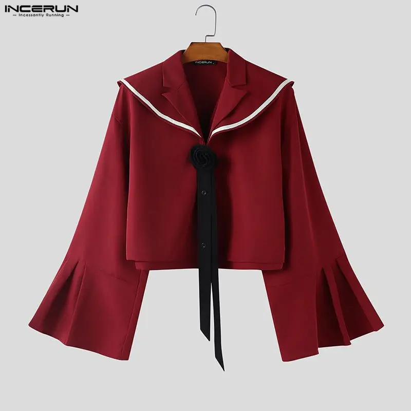 

INCERUN Men Shirt Flower Patchwork Color-block Navy Collar Long Sleeve Men Clothing Streetwear Fashion Crop Tops Elegant Shirts