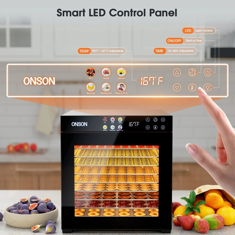 10 صينية مجفف الطعام 1000 واط عالية الطاقة الفولاذ المقاوم للصدأ مجفف رقمي قابل للتعديل درجة الحرارة الموقت متشنج الفواكه الخضروات الكلب