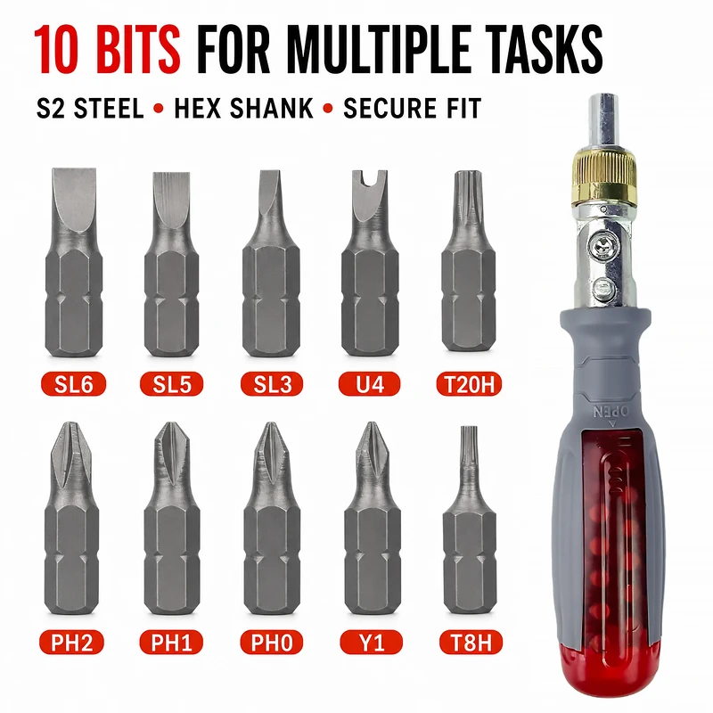 10 in 1 Adjustable Angle Ratchet Screwdriver Set S2 Steel Bits 3 Way Reversible Tool for Tight Spaces Home DIY Furniture Repair