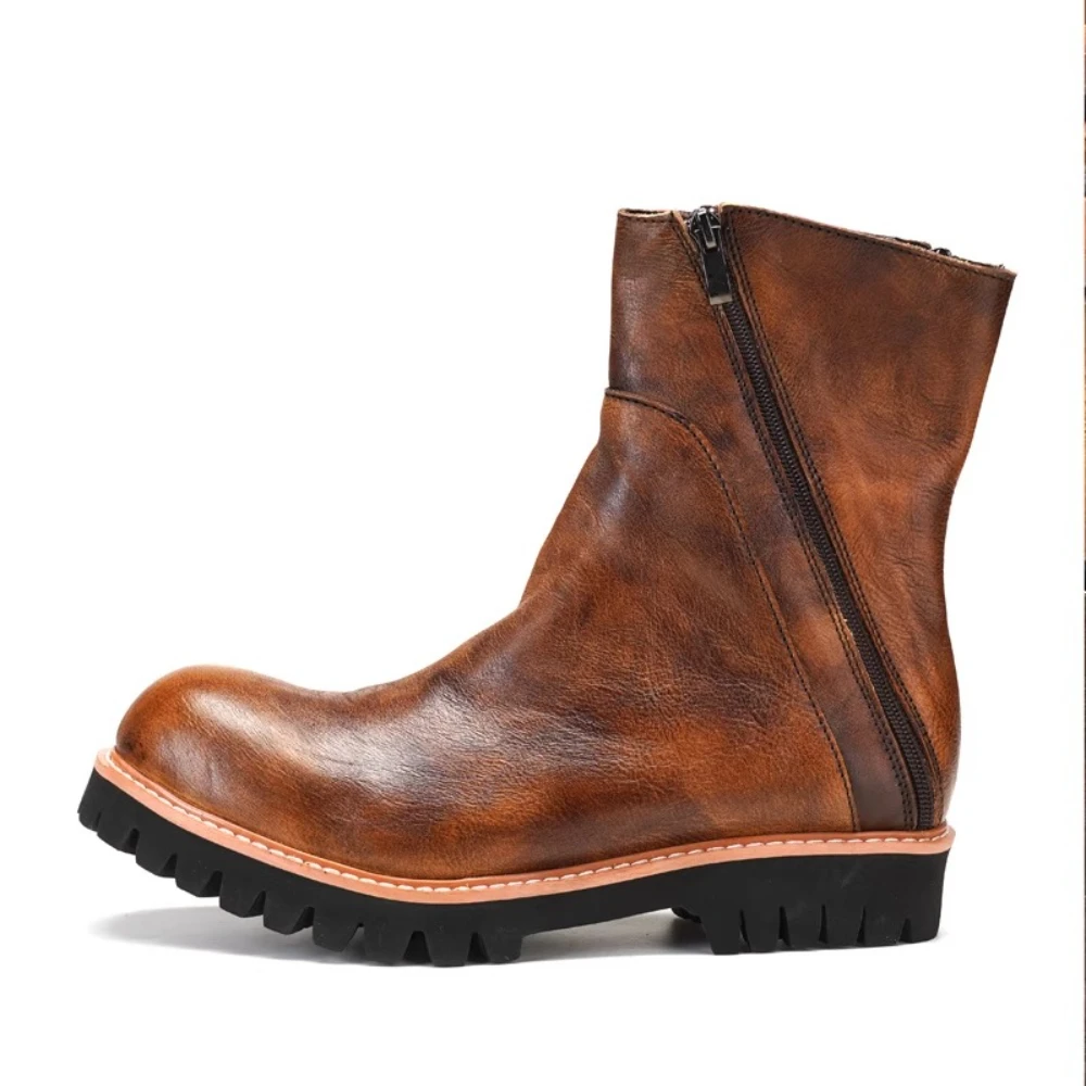 

Fashion Men's Genuine Leather Motorcycle Boots British Brogue Shoes Round Toe Mid-calf Carving Western Chelsae Boots Brown Zip