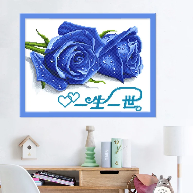 

Handmade Cross Stitch Small Piece 2026 New Love Series Blue Rose Embroidery DIY Couple Kit Modern Simple Style Bedroom Decor