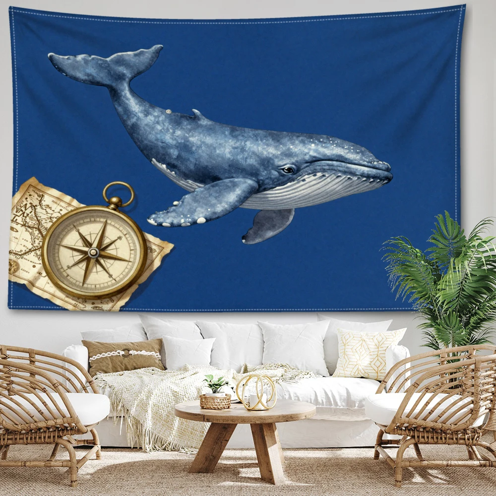 Deep Sea Blue Grey Whale Vintage Compass Wall Tapestry, Nautical Boho Decor
