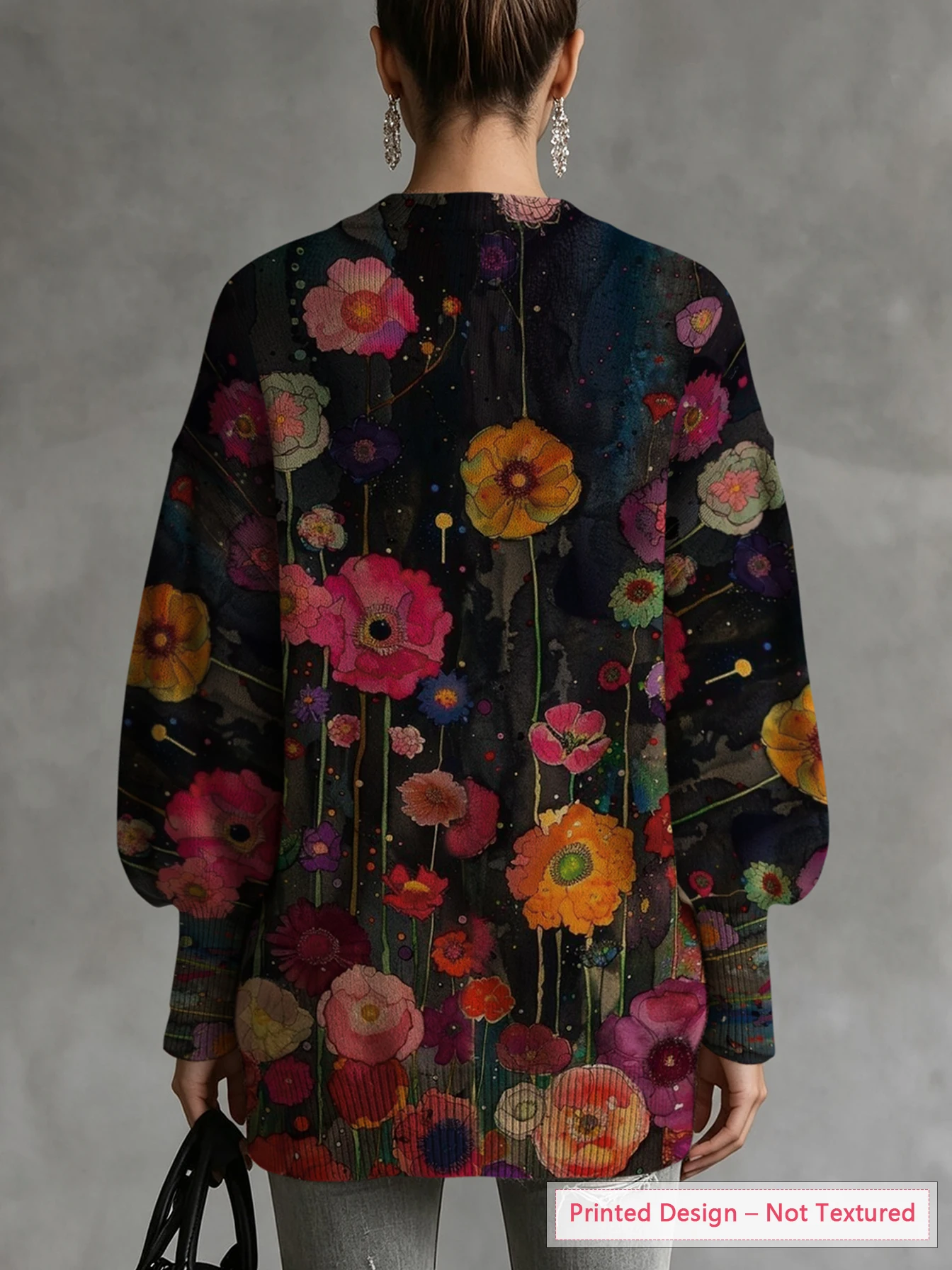 Women's Autumn and Winter Sweater with Vintage Floral Color-Blocking Print, Diagonal Hem, Lantern Sleeves, Bohemian Style
