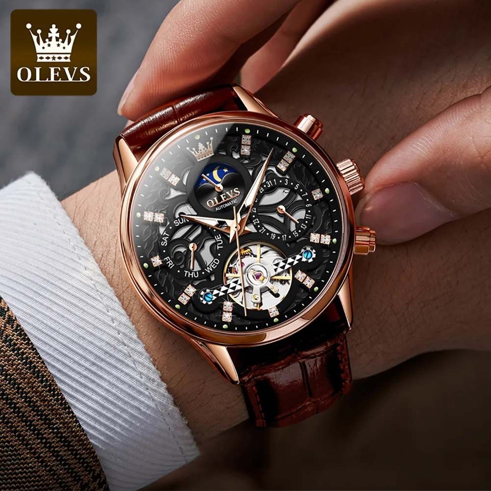 OLEVS Fashion Men Automatic Mechanical Watch Rose Gold Case Tourbillon Skeleton Date Moon Phase Display Waterproof Watches Reloj