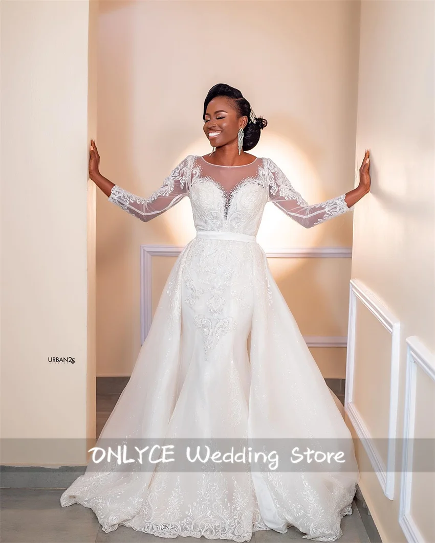 

Exquisite Wedding Dresses 2024 With Detachable Train Long Sleeves Lace-Appliques Beads African Bridal Dresses Vestido De Novia