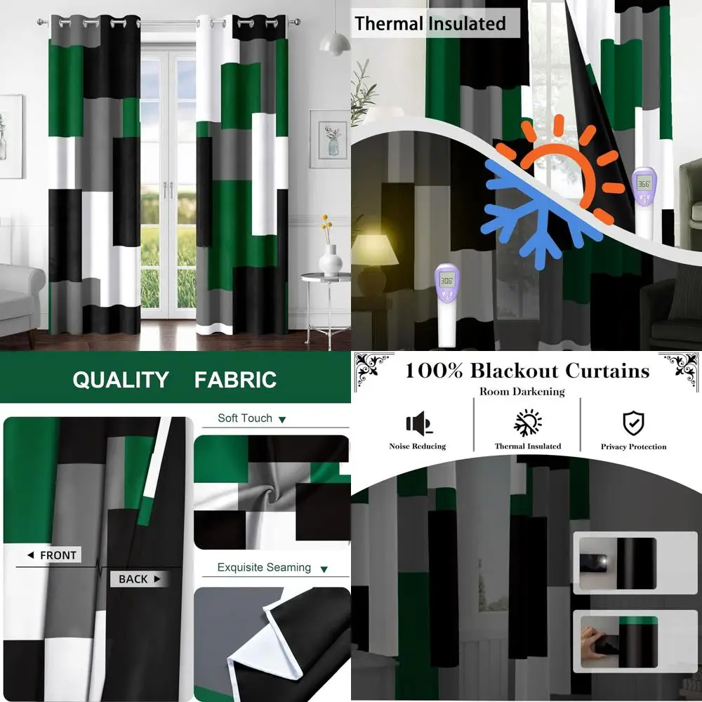 

108 Inch Long Hunter Green Modern Geometric Blackout Curtains, 2-Panel Set for Bedroom & Living Room
