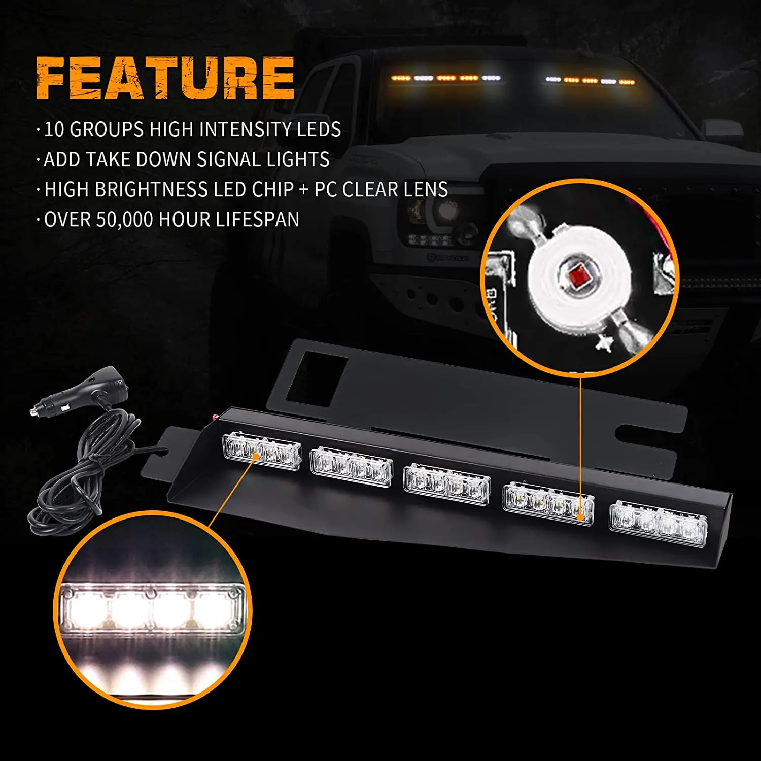 High Power 40 LED Red White Auto Truck Visor Emergency Light Bar Windshield Dash Strobe Light 12V 24V Take Down W/ Support Bar