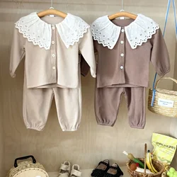 2024 Autumn Spring New in Kids Baby Girls Turn Down Collar Top + Pants - Infant Toddler Waffle Casual Clothing Set 2pcs 3M-4Y