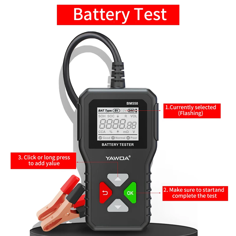 BM550 Battery System Detect 100-2000 CCA Car Battery Tool 6V 12V 24V Car Battery Tester Auto Battery Analyzer with Display