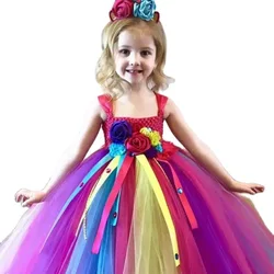 Girls Rainbow Unicorn Tutu Dress Kids Crochet Tulle Dress Ball Gown with Flower Hairbow Children Birthday Party Costume Dresses