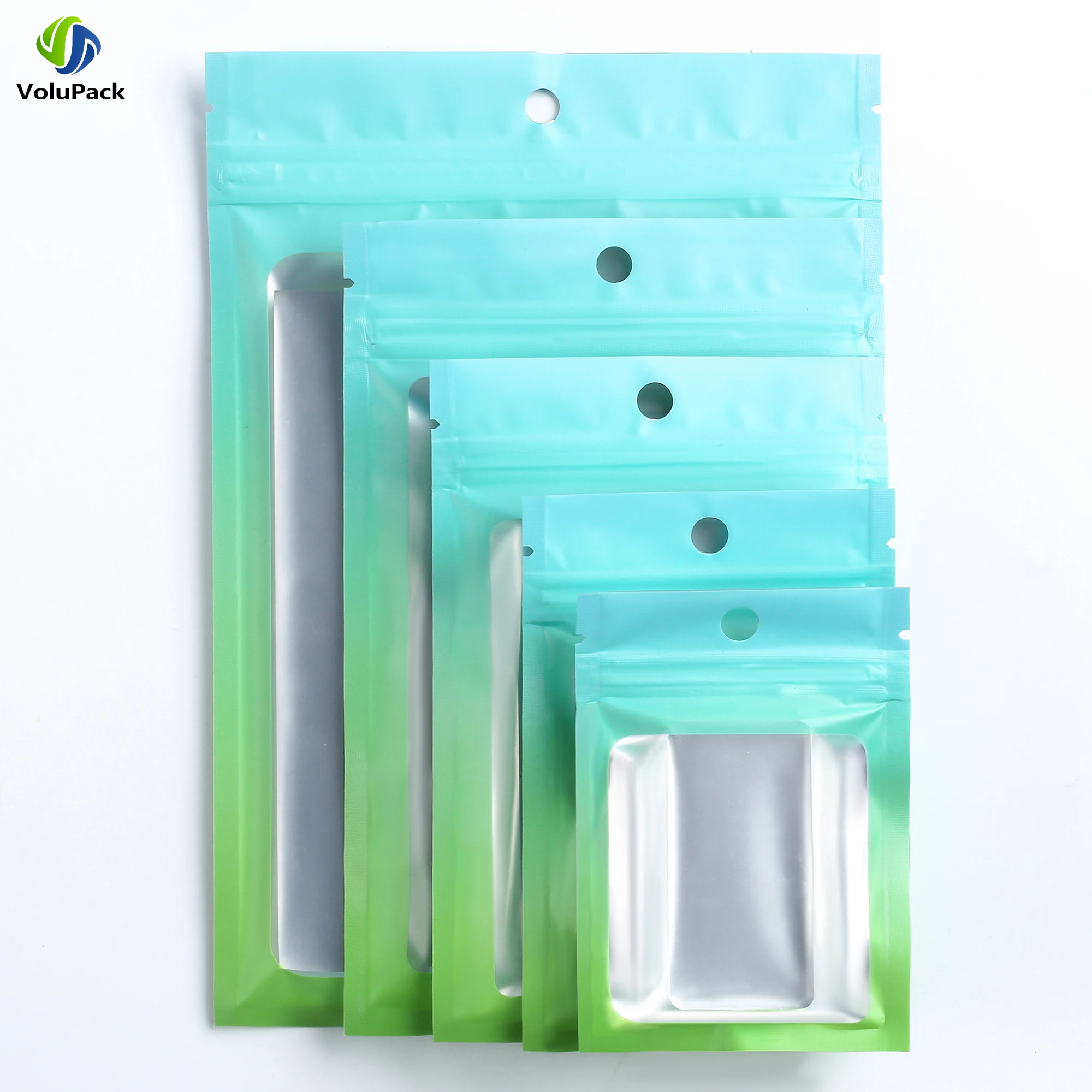 100pcs Gradient Rainbow Color Aluminum Foil Mylar Packaging Bags Resealable Matte Green Clear Show Window Flat Zip Lock Pouches