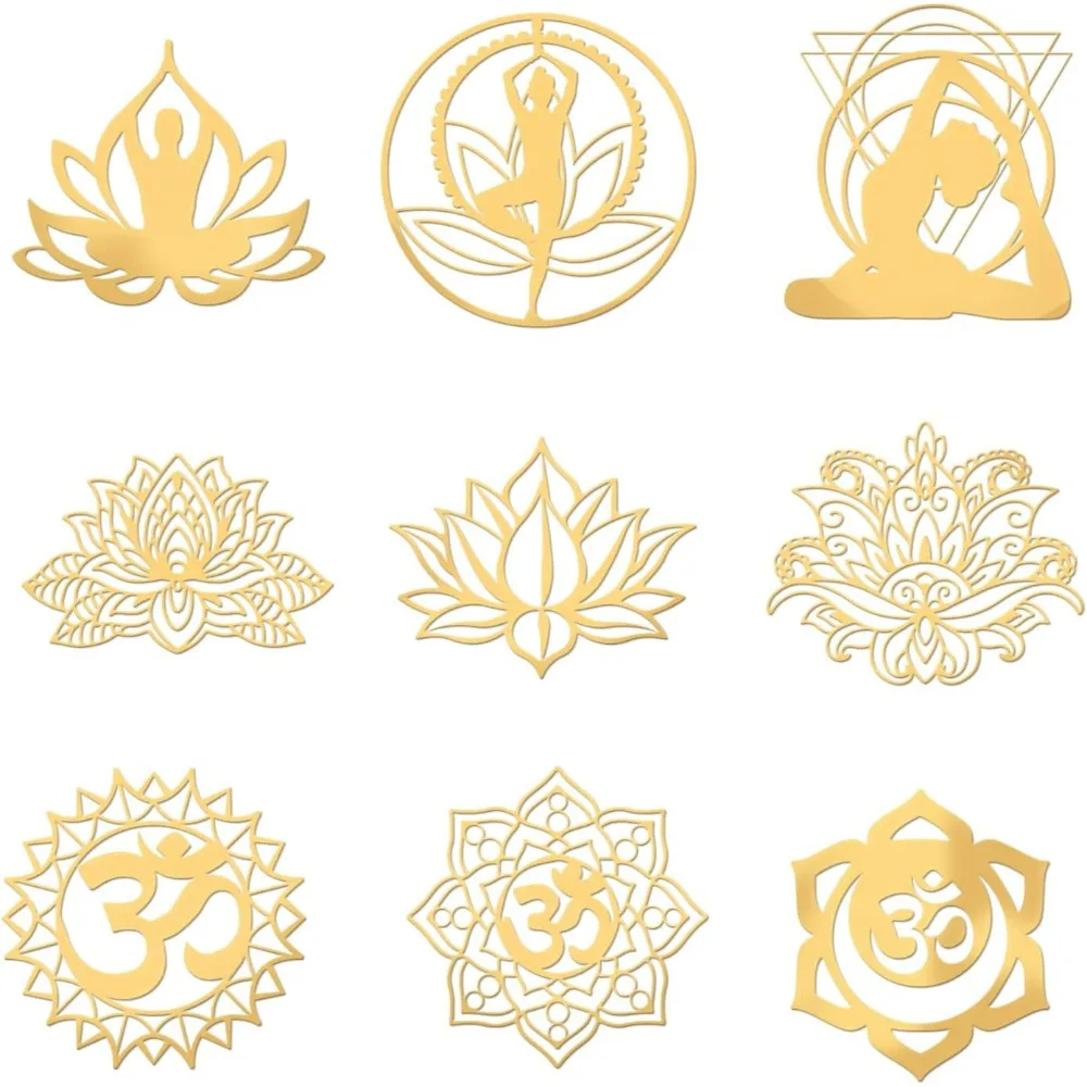 9Pcs 1.6 Inch Chakra Stickers Yoga Lotus Sticker Golden Brass Stickers Om Mandala Sacred Geometry Sticker Self Making Kit