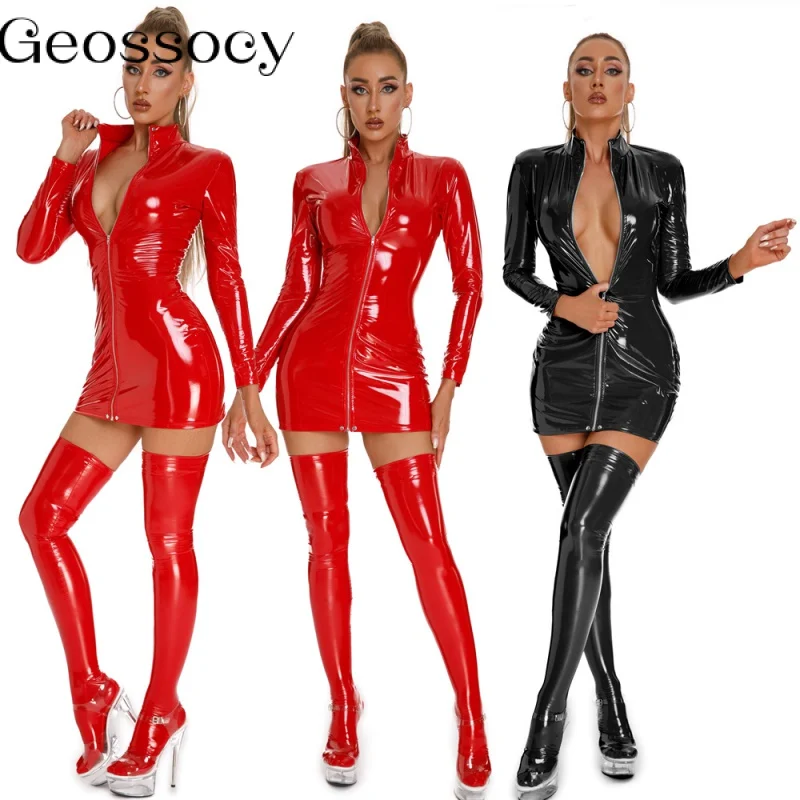 

Sexy Long Sleeve PU Leather Dress with Stockings Female Bodysuit Women High Elastic Catsuit Sexy Latex Lingerie Erotic Red Dress